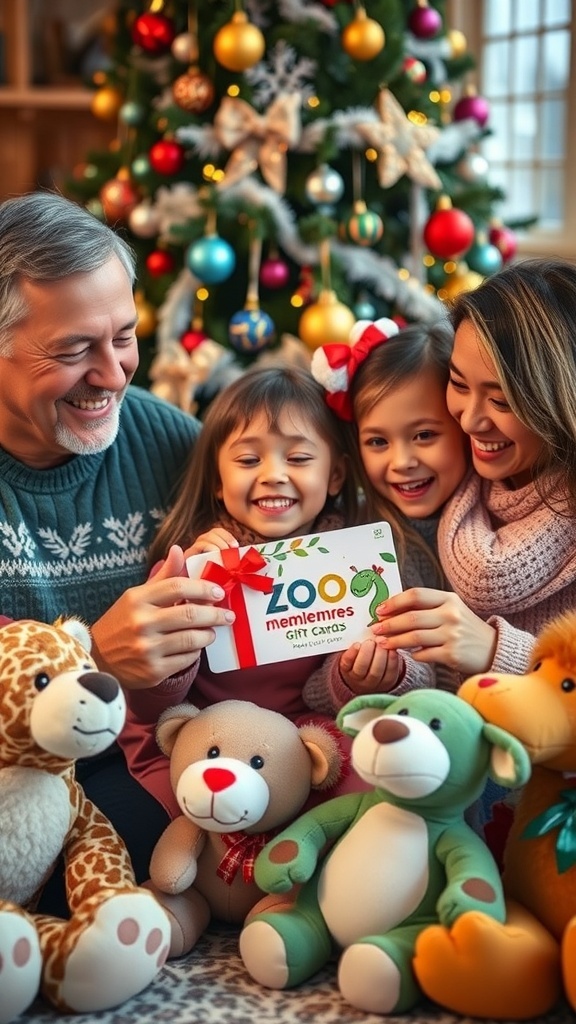 A family celebrating Christmas with a zoo membership gift card in front of a decorated tree.